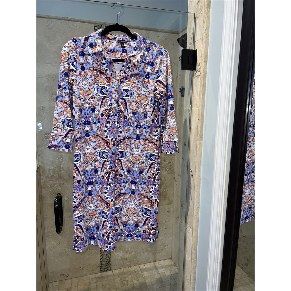 Talbots Petites Nylon Orange Blue White Paisley 3/4 Sleeve Sheath Dress SP PS